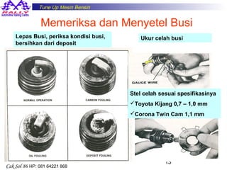 Tune Up Mesin Bensin

Memeriksa dan Menyetel Busi
Lepas Busi, periksa kondisi busi,
bersihkan dari deposit

Ukur celah busi

Stel celah sesuai spesifikasinya
Toyota Kijang 0,7 – 1,0 mm
Corona Twin Cam 1,1 mm

Cak Sol 86 HP: 081 64221 868

13

 