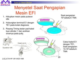 Tune Up Mesin Bensin

Menyetel Saat Pengapian
Mesin EFI
Saat pengapian

1. Hidupkan mesin pada putaran
idle

100 sebelum TMA

2. Hubungkan terminal E1 dengan
TE1 pada kotak diagnosis
3. Pasang Timing tester pad kabel
busi silinder 1 dan arahkan
sinarnya pada pully.

Cabut kabel E1
dengan TE1.
Saat pengapian
14-190 sebelum
TMA

Cak Sol 86 HP: 081 64221 868

20

 
