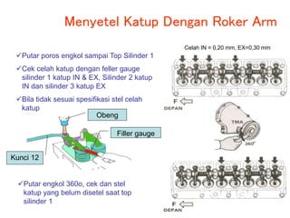 Menyetel Katup Dengan Roker Arm
Putar poros engkol sampai Top Silinder 1
Cek celah katup dengan feller gauge
silinder 1 katup IN & EX, Silinder 2 katup
IN dan silinder 3 katup EX
Bila tidak sesuai spesifikasi stel celah
katup
Putar engkol 360o, cek dan stel
katup yang belum disetel saat top
silinder 1
Filler gauge
Obeng
Kunci 12
Celah IN = 0,20 mm, EX=0,30 mm
 