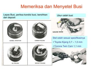 Memeriksa dan Menyetel Busi
Lepas Busi, periksa kondisi busi, bersihkan
dari deposit
Ukur celah busi
Stel celah sesuai spesifikasinya
Toyota Kijang 0,7 – 1,0 mm
Corona Twin Cam 1,1 mm
 