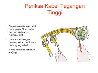 Periksa Kabel Tegangan
Tinggi
1. Siapkan multi meter, stel
pada posisi Ohm meter
dengan skala x1K.
Kalibrasi alat
2. Ukur Kabel dengan
menempelkan colok ukur
pada ujung kabel
3. Batas max tiap kabel 25
K Ohm
 