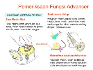 Pemeriksaan Fungsi Advancer
Pemeriksaan Centrifugal Advancer
Saat Mesin Mati
Putar rotor searah jarum jam dan
lepas. Rotor harus kembali ke posisi
semula, rotor tidak boleh longgar
Saat mesin hidup :
Hidupkan mesin, lepas slang vacum,
saat putaran mesin bertambah maka
saat pengapian akan maju sebanding
dengan putaran mesin
Memeriksa Vacuum Advancer
Hidupkan mesin, tekan pedal gas ,
maka oktan selektor harus berubah-
ubah sesuai pembukaan katup gas.
Oktan Selektor
 