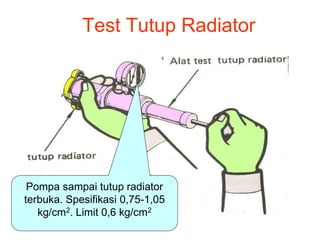 Test Tutup Radiator
Pompa sampai tutup radiator
terbuka. Spesifikasi 0,75-1,05
kg/cm2. Limit 0,6 kg/cm2
 