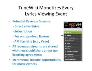 TuneWiki Monetizes Every 
        Lyrics Viewing Event
• Potential Revenue Streams
   ‐Direct advertising
   ‐Subscription
   ‐Per unit pre‐load licnese
   ‐API licensing (e.g., Vevo)
• All revenues streams are shared 
  with music publishers under our 
  licensing agreements
• Incremental income opportunities 
  for music owners
 