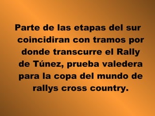 Parte de las etapas del sur coincidiran con tramos por donde transcurre el Rally de Túnez, prueba valedera para la copa del mundo de rallys cross country. 