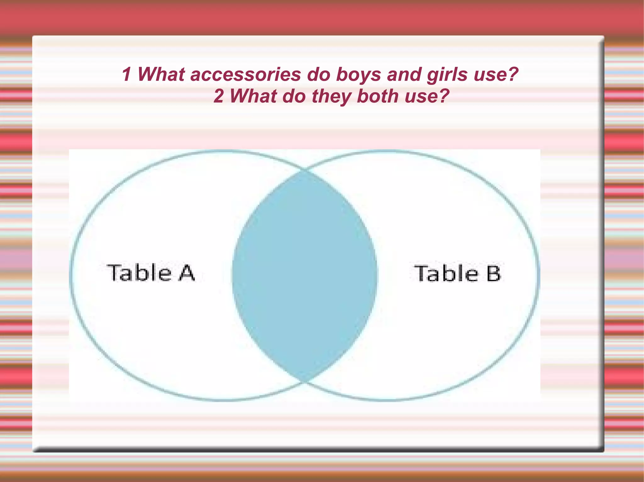 1 What accessories do boys and girls use?
         2 What do they both use?
 