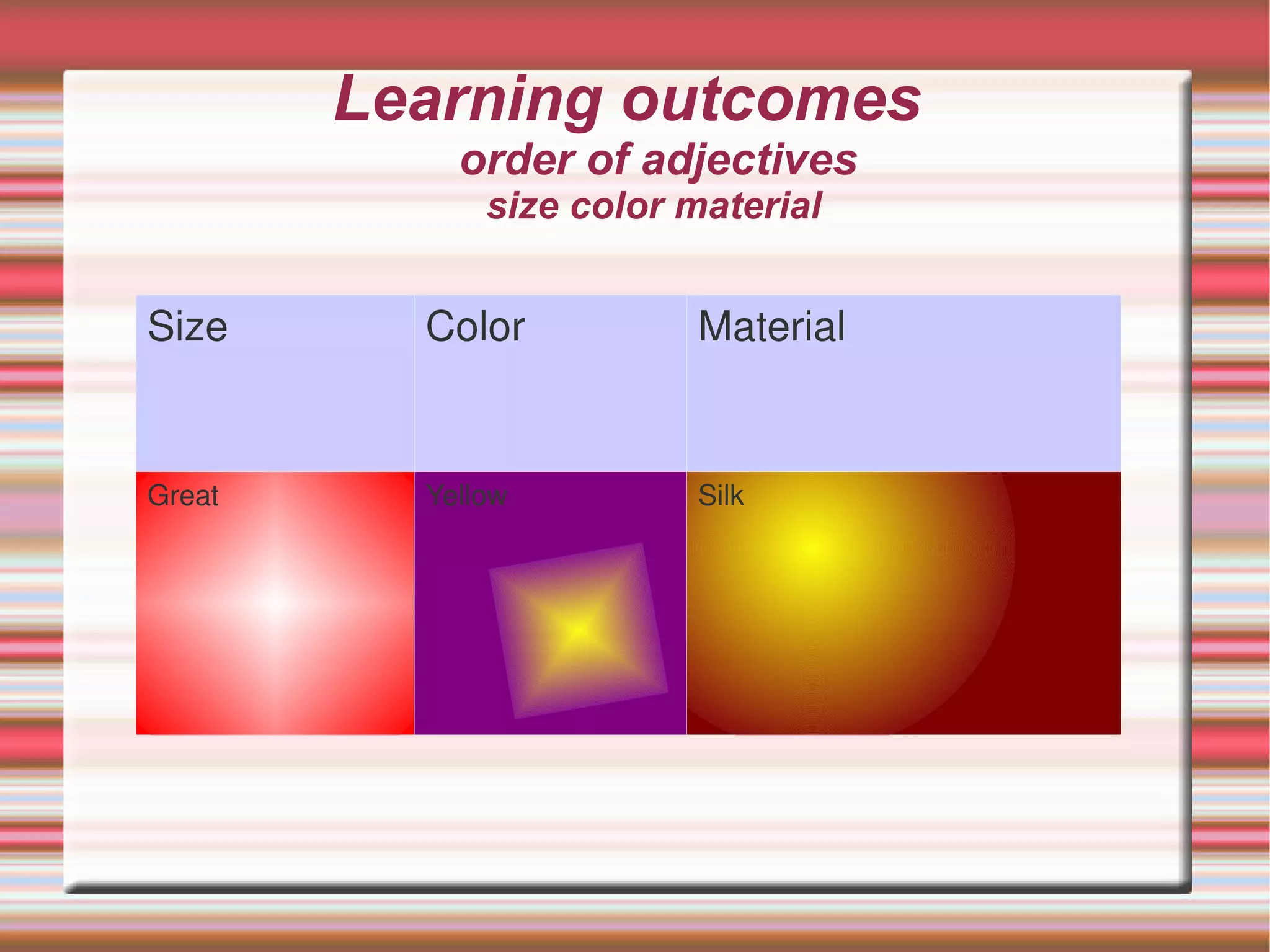 Learning outcomes
             order of adjectives
               size color material


Size       Color           Material 


Great      Yellow          Silk 
 