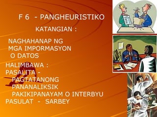 F 6  - PANGHEURISTIKO  KATANGIAN :  NAGHAHANAP NG  MGA IMPORMASYON O DATOS  HALIMBAWA :  PASALITA - PAGTATANONG  PANANALIKSIK PAKIKIPANAYAM O INTERBYU PASULAT  -  SARBEY  