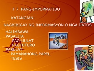 F 7  PANG-IMPORMATIBO KATANGIAN:  NAGBIBIGAY NG IMPORMASYON O MGA DATOS  HALIMBAWA PASALITA  PAG-UULAT  PAGTUTURO  PASULAT PAMANAHONG PAPEL TESIS  