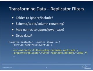 ©Continuent 2013
Transforming Data -- Replicator Filters
25
• Tables to ignore/include?
• Schema/table/column renaming?
• Map names to upper/lower case?
• Drop data?
tungsten-installer --master-slave -a 
--service-name=mysql2vertica 
...
--svc-extractor-filters=pkey,colnames,replicate 
--property=replicator.filter.replicate.do=db01.*,db02.*
...
 
