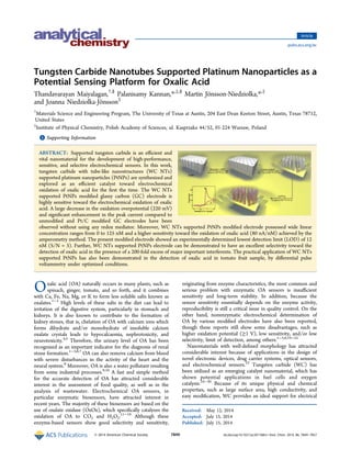 Tungsten Carbide Nanotubes Supported Platinum Nanoparticles as a
Potential Sensing Platform for Oxalic Acid
Thandavarayan Maiyalagan,†,§
Palanisamy Kannan,*,‡,§
Martin Jönsson-Niedziolka,*,‡
and Joanna Niedziolka-Jönsson‡
†
Materials Science and Engineering Program, The University of Texas at Austin, 204 East Dean Keeton Street, Austin, Texas 78712,
United States
‡
Institute of Physical Chemistry, Polish Academy of Sciences, ul. Kasprzaka 44/52, 01-224 Warsaw, Poland
*S Supporting Information
ABSTRACT: Supported tungsten carbide is an eﬃcient and
vital nanomaterial for the development of high-performance,
sensitive, and selective electrochemical sensors. In this work,
tungsten carbide with tube-like nanostructures (WC NTs)
supported platinum nanoparticles (PtNPs) are synthesized and
explored as an eﬃcient catalyst toward electrochemical
oxidation of oxalic acid for the ﬁrst the time. The WC NTs
supported PtNPs modiﬁed glassy carbon (GC) electrode is
highly sensitive toward the electrochemical oxidation of oxalic
acid. A large decrease in the oxidation overpotential (220 mV)
and signiﬁcant enhancement in the peak current compared to
unmodiﬁed and Pt/C modiﬁed GC electrodes have been
observed without using any redox mediator. Moreover, WC NTs supported PtNPs modiﬁed electrode possessed wide linear
concentration ranges from 0 to 125 nM and a higher sensitivity toward the oxidation of oxalic acid (80 nA/nM) achieved by the
amperometry method. The present modiﬁed electrode showed an experimentally determined lowest detection limit (LOD) of 12
nM (S/N = 3). Further, WC NTs supported PtNPs electrode can be demonstrated to have an excellent selectivity toward the
detection of oxalic acid in the presence of a 200-fold excess of major important interferents. The practical application of WC NTs
supported PtNPs has also been demonstrated in the detection of oxalic acid in tomato fruit sample, by diﬀerential pulse
voltammetry under optimized conditions.
Oxalic acid (OA) naturally occurs in many plants, such as
spinach, ginger, tomato, and so forth, and it combines
with Ca, Fe, Na, Mg, or K to form less soluble salts known as
oxalates.1−3
High levels of these salts in the diet can lead to
irritation of the digestive system, particularly in stomach and
kidneys. It is also known to contribute to the formation of
kidney stones, that is, chelation of OA with calcium ions which
forms dihydrate and/or monohydrate of insoluble calcium
oxalate crystals leads to hypocalcaemia, nephrotoxicity, and
neurotoxicity.4,5
Therefore, the urinary level of OA has been
recognized as an important indicator for the diagnosis of renal
stone formation.1−3,6,7
OA can also remove calcium from blood
with severe disturbances in the activity of the heart and the
neural system.8
Moreover, OA is also a water pollutant resulting
from some industrial processes.9,10
A fast and simple method
for the accurate detection of OA has attracted considerable
interest in the assessment of food quality, as well as in the
analysis of wastewater. Electrochemical OA sensors, in
particular enzymatic biosensors, have attracted interest in
recent years. The majority of these biosensors are based on the
use of oxalate oxidase (OxOx), which speciﬁcally catalyzes the
oxidation of OA to CO2 and H2O2.11−18
Although these
enzyme-based sensors show good selectivity and sensitivity,
originating from enzyme characteristics, the most common and
serious problem with enzymatic OA sensors is insuﬃcient
sensitivity and long-term stability. In addition, because the
sensor sensitivity essentially depends on the enzyme activity,
reproducibility is still a critical issue in quality control. On the
other hand, nonenzymatic electrochemical determination of
OA by various modiﬁed electrodes have also been reported,
though these reports still show some disadvantages, such as
higher oxidation potential (≥1 V), low sensitivity, and/or low
selectivity, limit of detection, among others.1−3,8,19−22
Nanomaterials with well-deﬁned morphology has attracted
considerable interest because of applications in the design of
novel electronic devices, drug carrier systems, optical sensors,
and electrochemical sensors.23
Tungsten carbide (WC) has
been utilized as an emerging catalyst nanomaterial, which has
shown potential applications in fuel cells and oxygen
catalysis.24−30
Because of its unique physical and chemical
properties, such as large surface area, high conductivity, and
easy modiﬁcation, WC provides an ideal support for electrical
Received: May 12, 2014
Accepted: July 15, 2014
Published: July 15, 2014
Article
pubs.acs.org/ac
© 2014 American Chemical Society 7849 dx.doi.org/10.1021/ac501768m | Anal. Chem. 2014, 86, 7849−7857
 