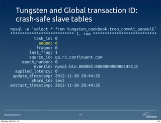 ©Continuent 2013
Tungsten and Global transaction ID:
crash-safe slave tables
mysql -e 'select * from tungsten_cookbook.trep_commit_seqnoG'
*************************** 1. row ***************************
task_id: 0
seqno: 6
fragno: 0
last_frag: 1
source_id: qa.r1.continuent.com
epoch_number: 0
eventid: mysql-bin.000002:0000000000001442;0
applied_latency: 0
update_timestamp: 2012-11-30 20:44:35
shard_id: test
extract_timestamp: 2012-11-30 20:44:35
116
116Monday, April 22, 13
 