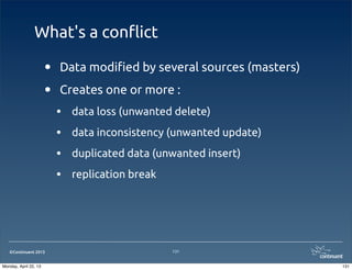©Continuent 2013
What's a con#ict
• Data modi!ed by several sources (masters)
• Creates one or more :
• data loss (unwanted delete)
• data inconsistency (unwanted update)
• duplicated data (unwanted insert)
• replication break
131
131Monday, April 22, 13
 