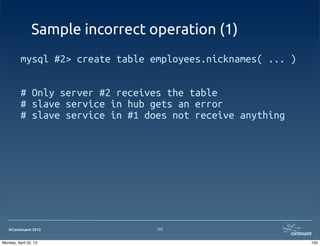 ©Continuent 2013
Sample incorrect operation (1)
mysql #2> create table employees.nicknames( ... )
# Only server #2 receives the table
# slave service in hub gets an error
# slave service in #1 does not receive anything
155
155Monday, April 22, 13
 