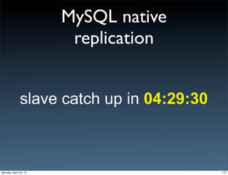 MySQL native
replication
slave catch up in 04:29:30
172Monday, April 22, 13
 
