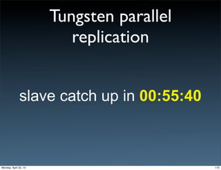 Tungsten parallel
replication
slave catch up in 00:55:40
173Monday, April 22, 13
 