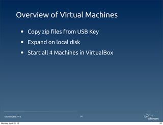 ©Continuent 2013
Overview of Virtual Machines
• Copy zip !les from USB Key
• Expand on local disk
• Start all 4 Machines in VirtualBox
20
20Monday, April 22, 13
 