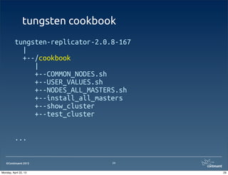©Continuent 2013
tungsten cookbook
tungsten-replicator-2.0.8-167
|
+--/cookbook
|
+--COMMON_NODES.sh
+--USER_VALUES.sh
+--NODES_ALL_MASTERS.sh
+--install_all_masters
+--show_cluster
+--test_cluster
...
29
29Monday, April 22, 13
 