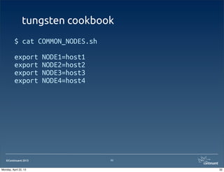 ©Continuent 2013
tungsten cookbook
$ cat COMMON_NODES.sh
export NODE1=host1
export NODE2=host2
export NODE3=host3
export NODE4=host4
32
32Monday, April 22, 13
 