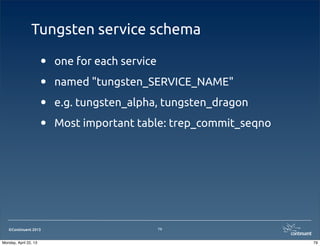 ©Continuent 2013
Tungsten service schema
• one for each service
• named "tungsten_SERVICE_NAME"
• e.g. tungsten_alpha, tungsten_dragon
• Most important table: trep_commit_seqno
79
79Monday, April 22, 13
 