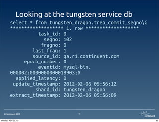 ©Continuent 2013
Looking at the tungsten service db
select * from tungsten_dragon.trep_commit_seqnoG
******************* 1. row *******************
task_id: 0
seqno: 102
fragno: 0
last_frag: 1
source_id: qa.r1.continuent.com
epoch_number: 0
eventid: mysql-bin.
000002:0000000000018903;0
applied_latency: 0
update_timestamp: 2012-02-06 05:56:12
shard_id: tungsten_dragon
extract_timestamp: 2012-02-06 05:56:09
80
80Monday, April 22, 13
 