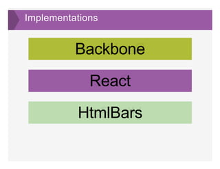 Implementations
BackboneBackbone
ReactReact
HtmlBarsHtmlBars
 