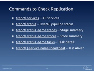 ©Continuent 2014
Commands to Check Replication
• trepctl services -- All services
• trepctl status -- Overall pipeline status
• trepctl status -name stages -- Stage summary
• trepctl status -name stores -- Store summary
• trepctl status -name tasks -- Task detail
• trepctl [-service name] heartbeat -- Is it Alive?
10
 