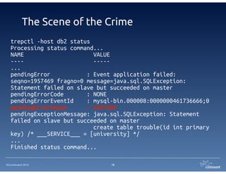 ©Continuent 2014
The Scene of the Crime
16
trepctl -host db2 status
Processing status command...
NAME VALUE
---- -----
...
pendingError : Event application failed:
seqno=1957469 fragno=0 message=java.sql.SQLException:
Statement failed on slave but succeeded on master
pendingErrorCode : NONE
pendingErrorEventId : mysql-bin.000008:0000000461736666;0
pendingErrorSeqno : 1957469
pendingExceptionMessage: java.sql.SQLException: Statement
failed on slave but succeeded on master
create table trouble(id int primary
key) /* ___SERVICE___ = [university] */
...
Finished status command...
 