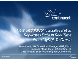 How Gittigidiyor (a subsidiary of eBay)
Replicates Data In Real Time
From MySQL To Oracle
Levent Kurt, Site Operations Manager, Gittigidiyor
Giuseppe Maxia, Director of Quality Assurance, Continuent
Linas Virbalas, Senior Software Engineer, Continuent
©Continuent 2013.

 