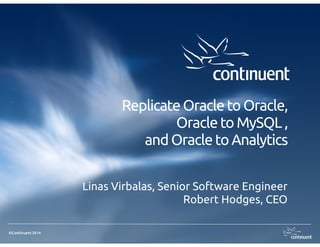 Replicate Oracle to Oracle,
Oracle to MySQL ,
and Oracle to Analytics
Linas Virbalas, Senior Software Engineer
Robert Hodges, CEO
©Continuent 2014

 