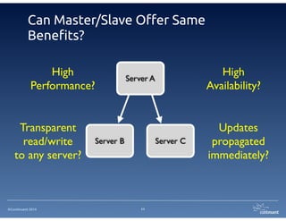 ©Continuent 2014
Can Master/Slave Offer Same
Benefits?
11
Server A
Server B Server C
Updates	

propagated	

immediately?
High 	

Performance?
High 	

Availability?
Transparent	

read/write	

to any server?
 