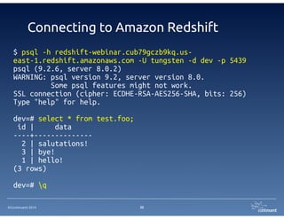 Connecting to Amazon Redshift 
$ psql -h redshift-webinar.cub79gczb9kq.us-east- 
1.redshift.amazonaws.com -U tungsten -d dev -p 5439 
psql (9.2.6, server 8.0.2) 
WARNING: psql version 9.2, server version 8.0. 
©Continuent 2014 
Some psql features might not work. 
SSL connection (cipher: ECDHE-RSA-AES256-SHA, bits: 256) 
Type "help" for help. 
! 
dev=# select * from test.foo; 
id | data 
----+-------------- 
2 | salutations! 
3 | bye! 
1 | hello! 
(3 rows) 
! 
dev=# q 
30 
 