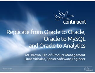 ©Continuent 2014
Replicate from Oracle to Oracle,
Oracle to MySQL
and Oracle to Analytics
MC Brown, Dir. of Product Management
Linas Virbalas, Senior Software Engineer
 