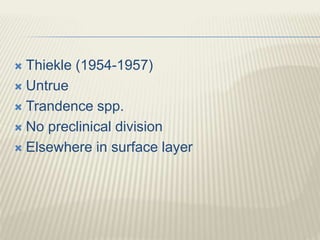  Thiekle (1954-1957)
 Untrue
 Trandence spp.
 No preclinical division
 Elsewhere in surface layer
 