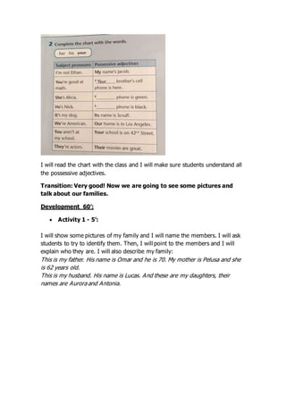 I will read the chart with the class and I will make sure students understand all
the possessive adjectives.
Transition: Very good! Now we are going to see some pictures and
talk about our families.
Development 60’:
 Activity 1 - 5’:
I will show some pictures of my family and I will name the members. I will ask
students to try to identify them. Then, I will point to the members and I will
explain who they are. I will also describe my family:
This is my father. His name is Omar and he is 70. My mother is Pelusa and she
is 62 years old.
This is my husband. His name is Lucas. And these are my daughters, their
names are Aurora and Antonia.
 