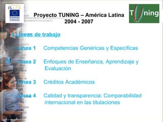 4 Líneas de trabajo Línea 1   Competencias Genéricas y Específicas Línea 2   Enfoques de Enseñanza, Aprendizaje y  Evaluación Línea 3   Créditos Académicos Línea 4   Calidad y transparencia: Comparabilidad  internacional en las titulaciones Proyecto TUNING – América Latina 2004 - 2007 