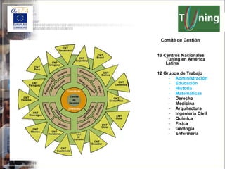 1  Comité de Gestión 19 Centros Nacionales Tuning en América Latina 12 Grupos de Trabajo Administración Educación Historia Matemáticas Derecho Medicina Arquitectura Ingeniería Civil Química Física Geología Enfermería Proyecto TUNING – América Latina 2004 - 2007 