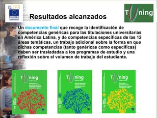 Resultados alcanzados U n  documento final  que recoge la identificación de competencias genéricas para las titulaciones universitarias en América Latina, y de competencias específicas de las 12 áreas temáticas, un trabajo adicional sobre la forma en que dichas competencias (tanto genéricas como específicas) deben ser trasladadas a los programas de estudio y una reflexión sobre el volumen de trabajo del estudiante. 