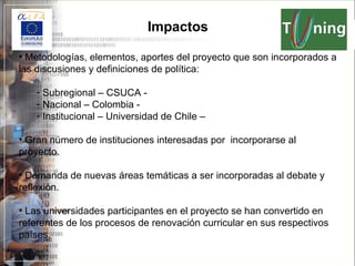 Impactos Metodologías, elementos, aportes del proyecto que son incorporados a las discusiones y definiciones de política: Subregional – CSUCA -  Nacional – Colombia -  Institucional – Universidad de Chile – Gran número de instituciones interesadas por  incorporarse al proyecto.  Demanda de nuevas áreas temáticas a ser incorporadas al debate y reflexión. Las universidades participantes en el proyecto se han convertido en referentes de los procesos de renovación curricular en sus respectivos países. 