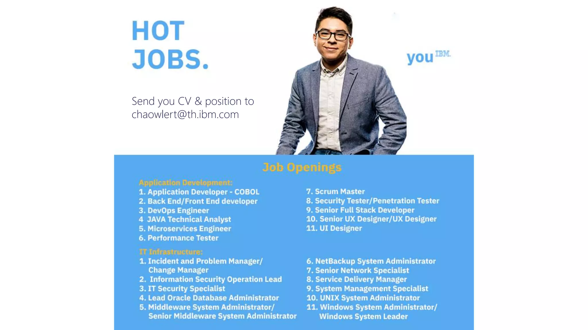 Send you CV & position to
chaowlert@th.ibm.com
 