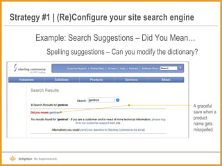 Strategy #1 | (Re)Configure your site search engine Example: Search Suggestions – Did You Mean… Spelling suggestions – Can you modify the dictionary? A graceful save when a product name gets misspelled. 