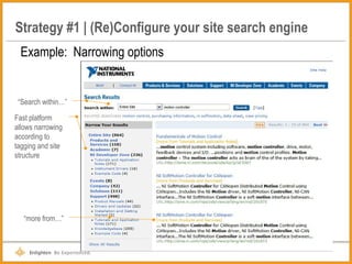 Strategy #1 | (Re)Configure your site search engine Example:  Narrowing options Fast platform allows narrowing according to tagging and site structure “ more from…” “ Search within…” 