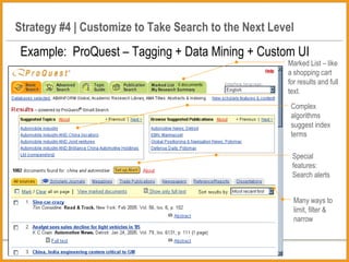 Strategy #4 | Customize to Take Search to the Next Level Example:  ProQuest – Tagging + Data Mining + Custom UI Special features: Search alerts Complex algorithms suggest index terms Many ways to limit, filter & narrow Marked List – like a shopping cart for results and full text. 