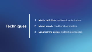 SigOpt. Conﬁdential.
Techniques
1. Metric deﬁnition: multimetric optimization
2. Model search: conditional parameters
3. Long training cycles: multitask optimization
 