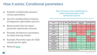 SigOpt. Conﬁdential.
How it works: Conditional parameters
Take into account the conditionality of
certain parameter types in the
optimization process
● Establish conditionality between
various parameters
● Use this conditionality to improve
the Bayesian optimization process
● Boost results from the hyper-
parameter optimization process
● Example: Architecture parameters
for deep learning models
● Example: Parameter types for SGD
variants (to the right)
● Relevant docs
 