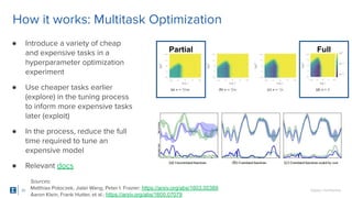 SigOpt. Conﬁdential.33
How it works: Multitask Optimization
Partial Full
● Introduce a variety of cheap
and expensive tasks in a
hyperparameter optimization
experiment
● Use cheaper tasks earlier
(explore) in the tuning process
to inform more expensive tasks
later (exploit)
● In the process, reduce the full
time required to tune an
expensive model
● Relevant docs
Sources:
Matthias Poloczek, Jialei Wang, Peter I. Frazier: https://arxiv.org/abs/1603.00389
Aaron Klein, Frank Hutter, et al.: https://arxiv.org/abs/1605.07079
 