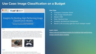 Use Case: Image Classiﬁcation on a Budget
Use Case
● Category: Computer Vision
● Task: Image Classiﬁcation
● Model: CNN
● Data: Stanford Cars
● Analysis: Architecture Comparison
● Result: 2.4% accuracy gain for much cheaper model
Learn more
https://mlconf.com/blog/insights-for-building-high-performing-
image-classiﬁcation-models/
 