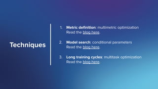 SigOpt. Conﬁdential.
Techniques
1. Metric deﬁnition: multimetric optimization
Read the blog here.
2. Model search: conditional parameters
Read the blog here.
3. Long training cycles: multitask optimization
Read the blog here.
 