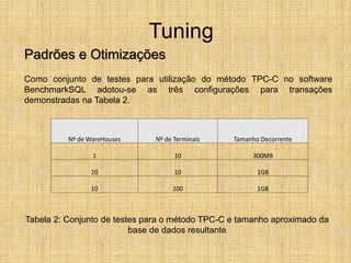 Tuning
Padrões e Otimizações
Como conjunto de testes para utilização do método TPC-C no software
BenchmarkSQL adotou-se as três configurações para transações
demonstradas na Tabela 2.
Tabela 2: Conjunto de testes para o método TPC-C e tamanho aproximado da
base de dados resultante
Nº de WareHouses Nº de Terminais Tamanho Decorrente
1 10 300MB
10 10 1GB
10 100 1GB
 