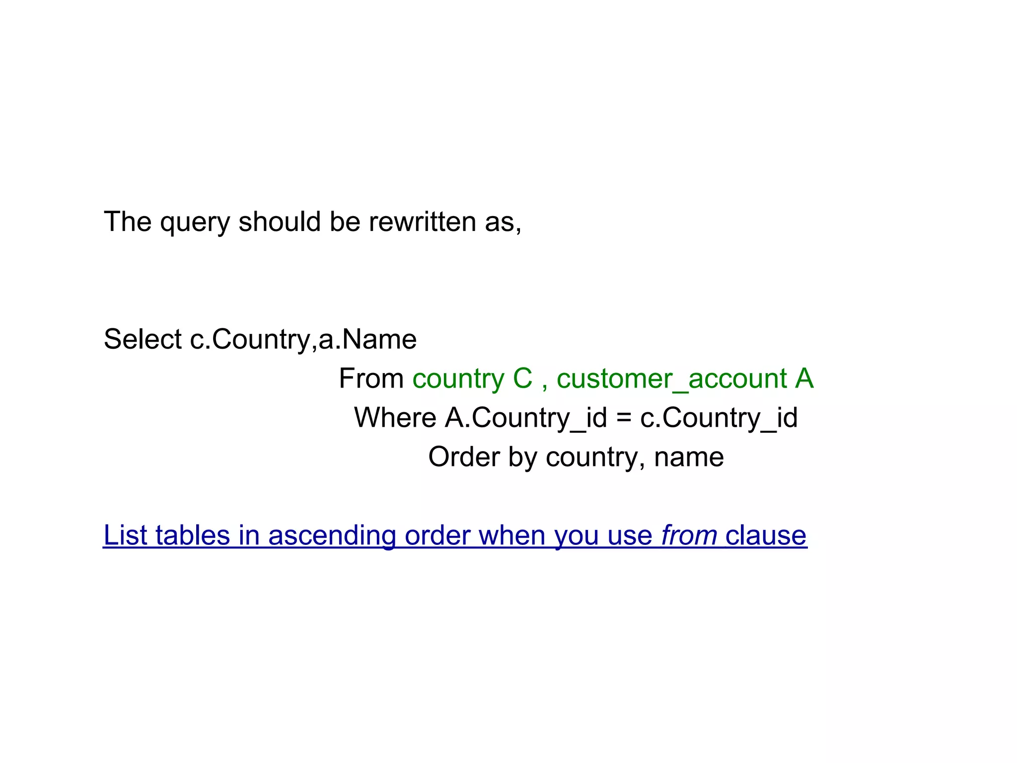 The query should be rewritten as,
Select c.Country,a.Name
From country C , customer_account A
Where A.Country_id = c.Country_id
Order by country, name
List tables in ascending order when you use from clause
 